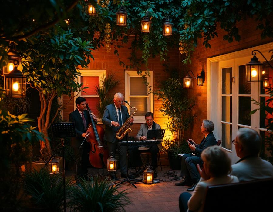 A jazz trio in a lantern-lit courtyard