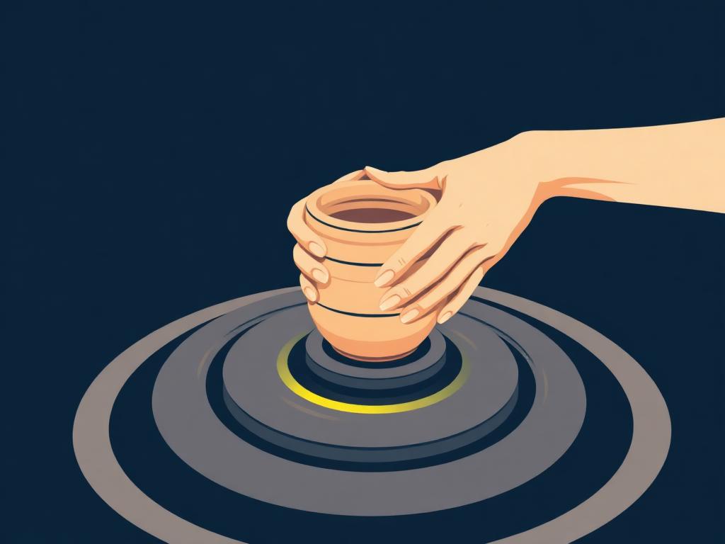 Screen-print style illustration of hands shaping a clay pot on a pottery wheel, indigo background with a lime rim accent