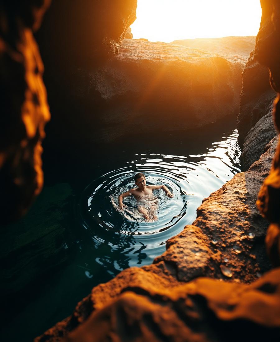 Someone swimming in a hidden rock pool at sunrise