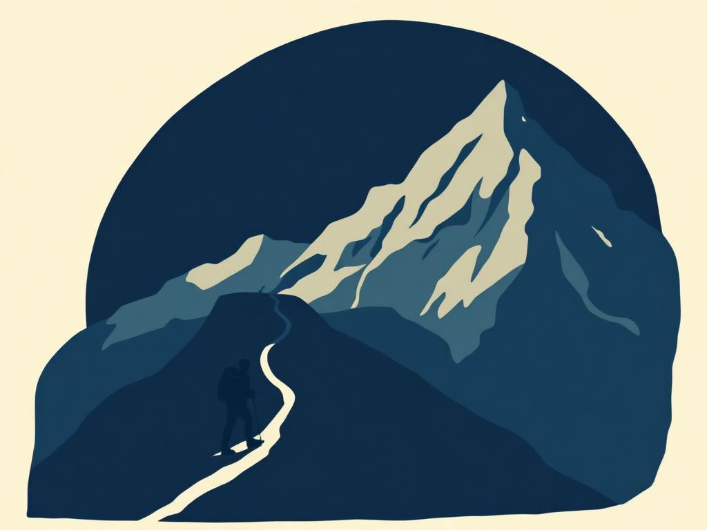 Screen-print style illustration of a lone hiker on a winding mountain trail, layered indigo peaks under a cream sky